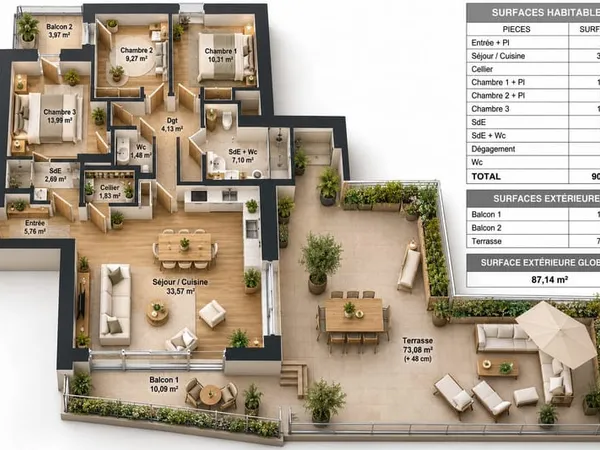 Superbe T4 avec 87m2 terrasses/ Coeur de ville