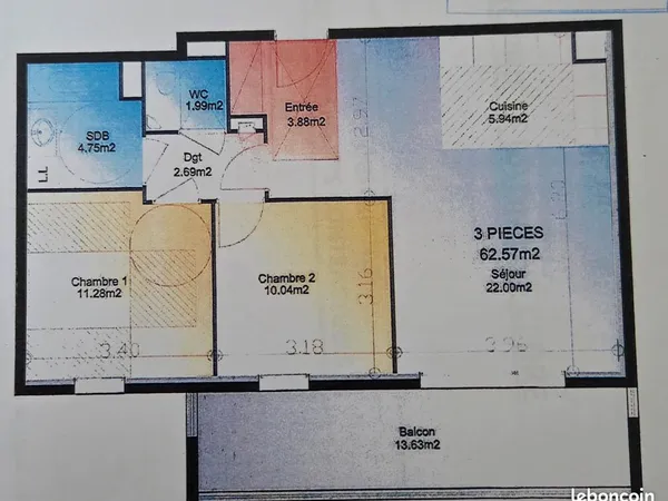 Disponible immédiatement, très bel appartement T3 de 63 m² + balcon / terrasse de 13,6 m² en parfait