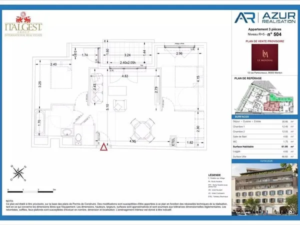 Le Mondial, trois‑pièces lumineux de 61,95 m², au cinquième étage, avec loggia ensoleillée et vue dé