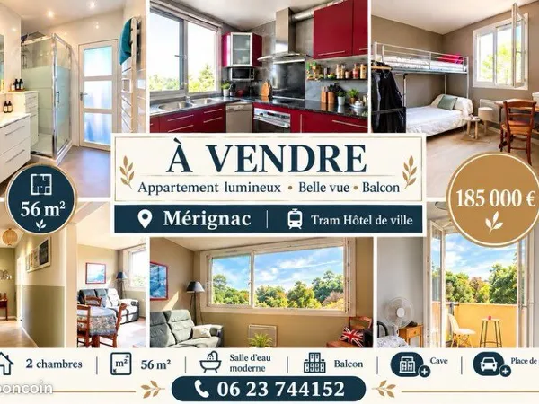MÉRIGNAC CENTRE - T3 TRAVERSANT DE 55 m² - BALCON, LOGGIA, PARKING ET CAVE