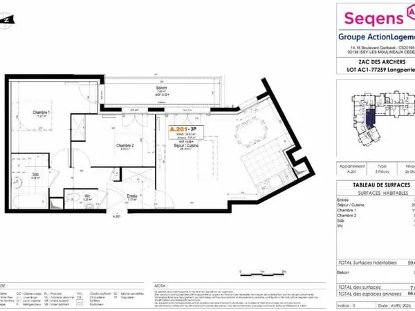 Appartement 3 pièces 59 m²