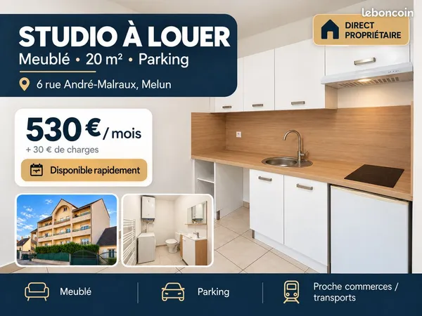 Studio meublé 20 m² + parking sécurisé
