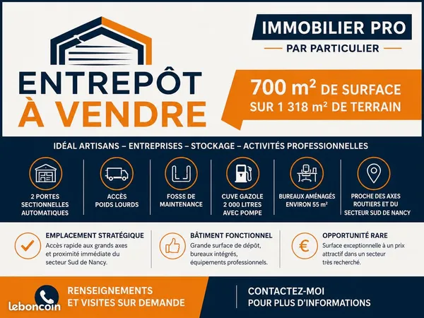 🏢 À LOUER - BÂTIMENT PROFESSIONNEL DE 700 m² AVEC BUREAUX - SECTEUR SAINTOIS / SUD DE NANCY