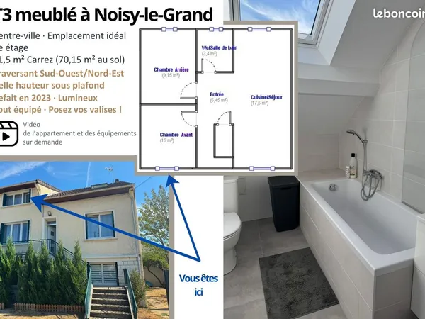 T3 meublé 2 chambres 51,50 m² Carrez - rénové 2023 - Noisy-le-Grand Centre