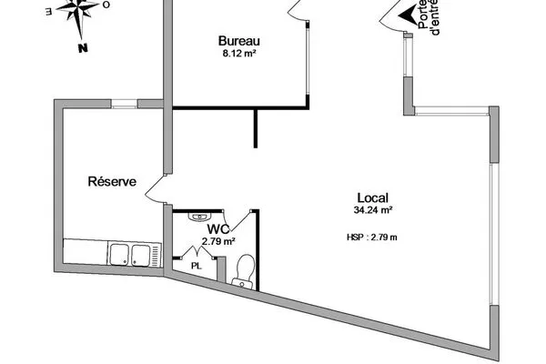 Local 1 pièce 45 m²