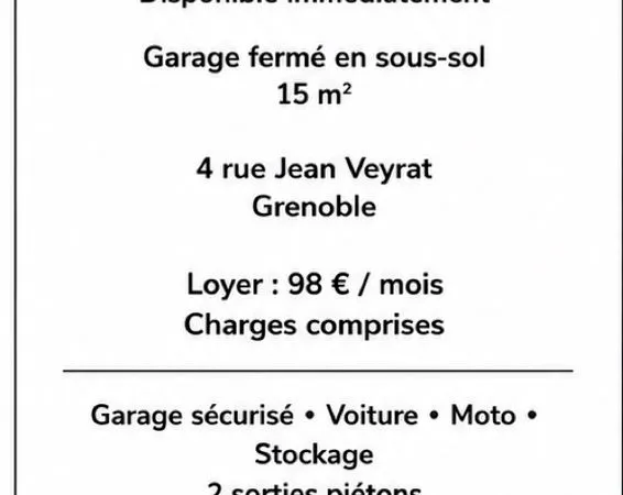 Location garage 15m2 secteur Docteur Calmette en sous sol sécurisé