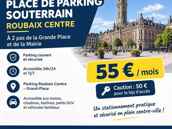 à louer - place de parking souterrain à roubaix centre