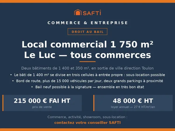 Droit au bail 1 750 m² tous commerces, Le Luc
