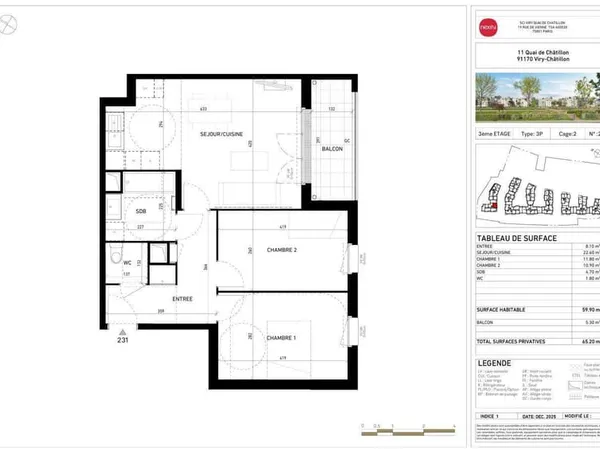 Appartement 3 pièces 60 m²