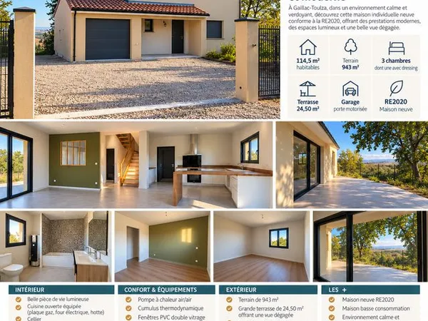 Maison neuve RE2020 - 114,5 m² - 3 chambres - terrain 943 m² - Gaillac-Toulza