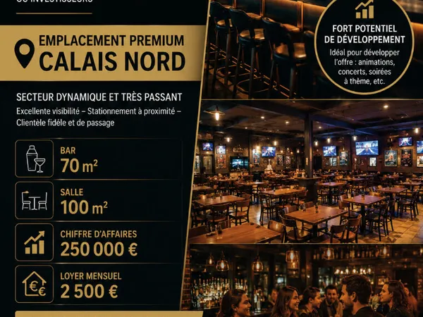 Nouveauté dans votre agence Nestenn : Fonds de commerce Bar calais-Nord emplacement numéro 1
