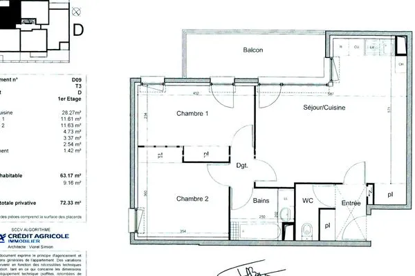 Appartement 3 pièces 63 m²