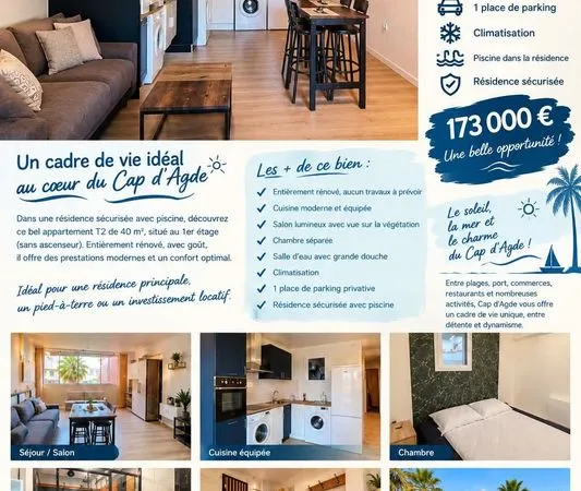 Vend T2 refait à neuf au Cap d'Agde