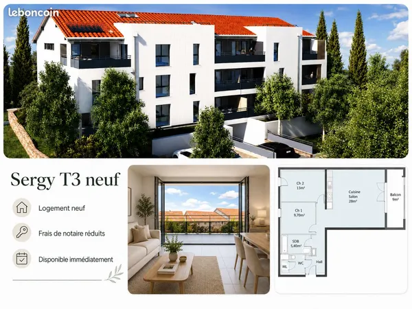 F3 66m² Neuf - Vue village & clocher - Sergy - Frais de notaire réduits