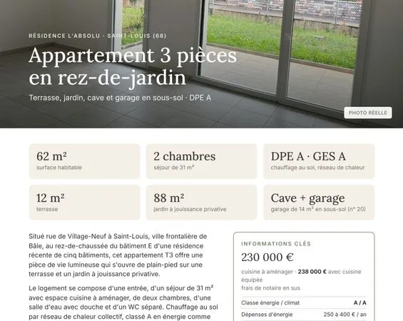 Appartement 3 PCES - 62 M2 - REZ DE JARDIN - GARAGE