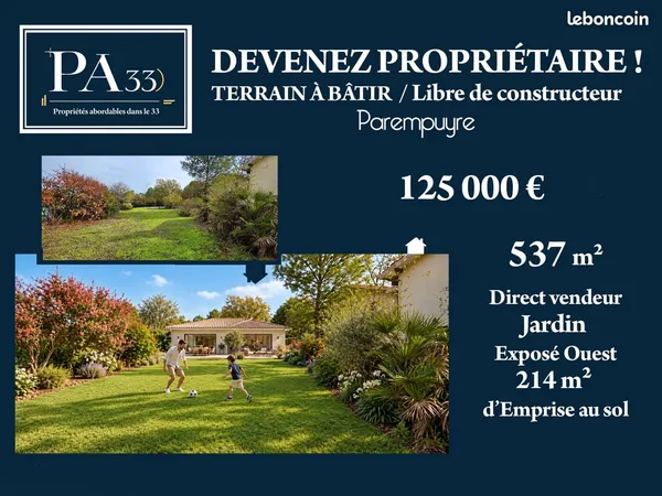Terrain à bâtir A SAISIR Libre de constructeur