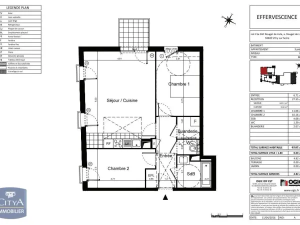 Appartement 3 pièces 64 m²