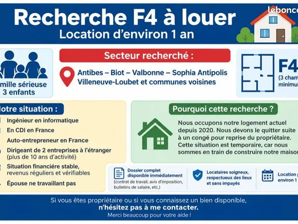 Recherche urgente - Famille sérieuse recherche F4 à louer (Antibes / Biot / Valbonne / Sophia Antipo