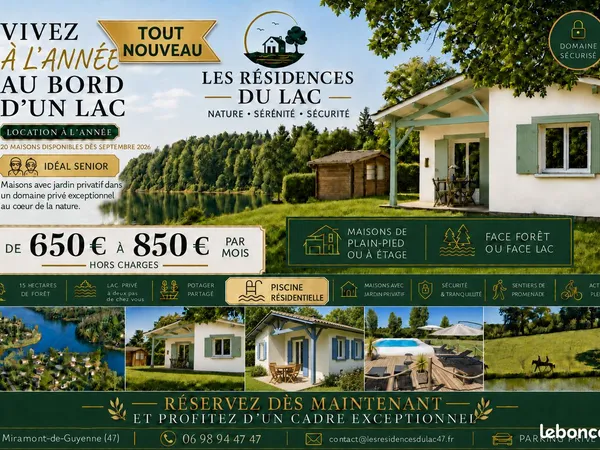 Maison à louer à l'année au bord d'un lac - Jardin, piscine et parking privé - Miramont-de-Guyenne