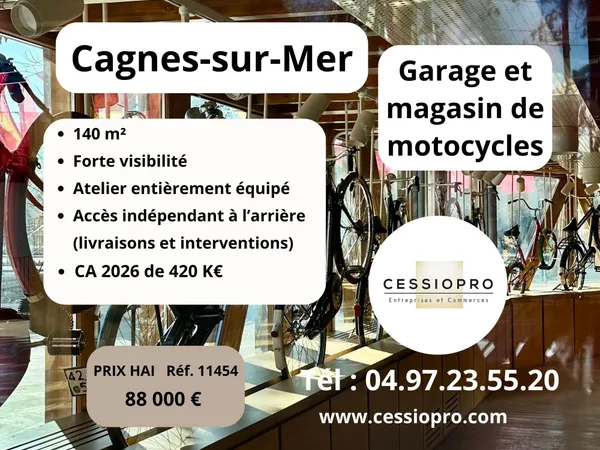 Garage et magasin de motocycles 420 K€ de CA Emplacement d'angle à forte visibilité Cagnes-sur-Mer