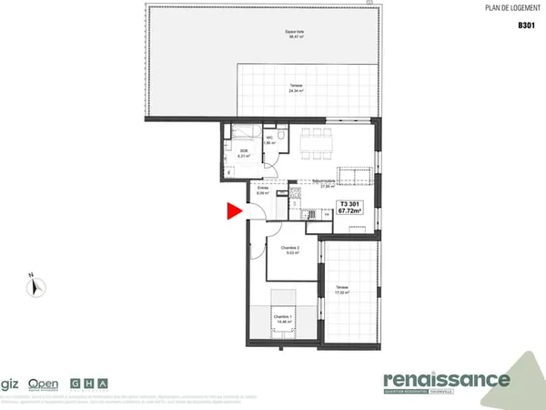 Résidence RENAISSANCE Appartement F3 neuf Lot B301