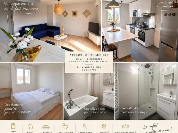 Appartement meublé - Climatisé - 63m2 - 2 chambres - Dernier étage - Proche gare