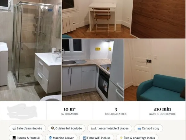 Chambre meublée en colocation, dispo immediate — Courbevoie (92) — 650 /mois CC