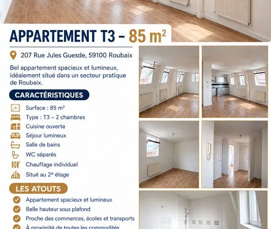 Appartement T3 spacieux 85 m² - Belle pièce de vie baignée de lumière