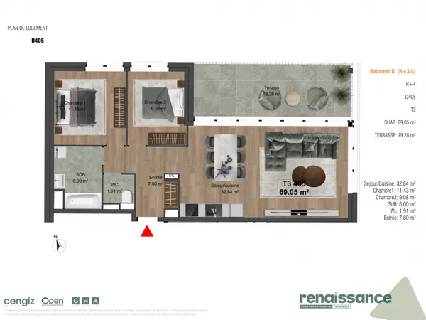 Appartement 3 pièces 69 m²