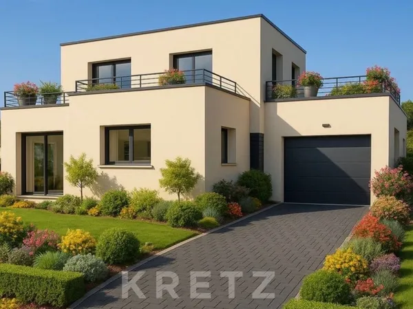 Maison contemporaine neuve 4 chambres avec garage, terrasses et jardin.