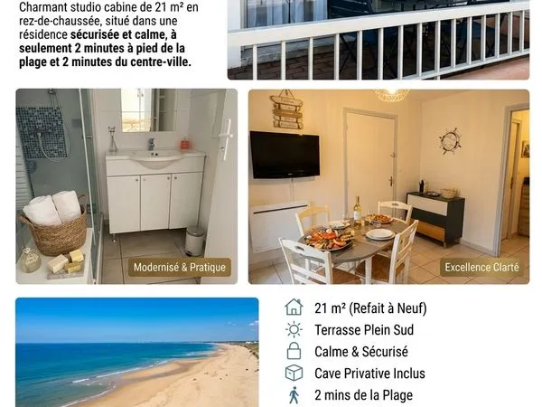 Studio cabine avec terrasse plein sud à 2 min de la plage