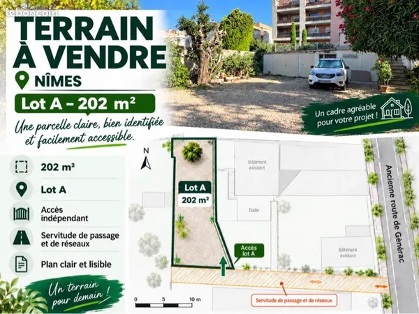 NÎMES - Terrain constructible de 202 m² - division et servitude réalisées