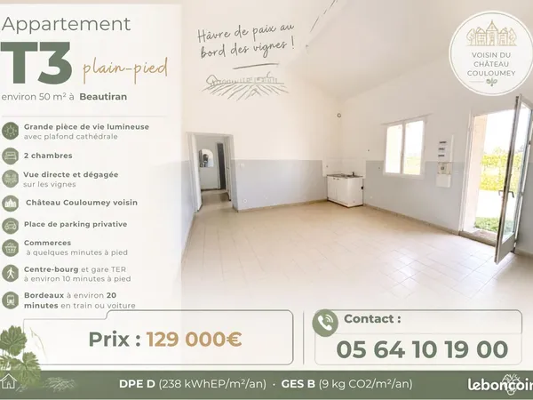 Appartement face aux vignes à Beautiran