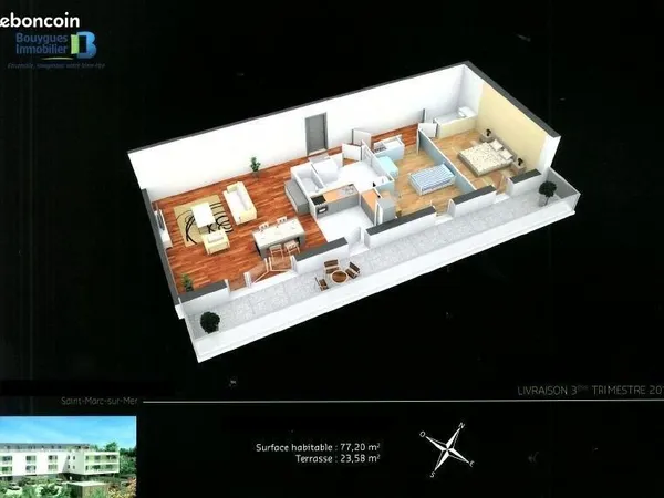 Particulier loue T3 77 m² BBC non meublé dernier étage Saint-Marc Saint-Nazaire