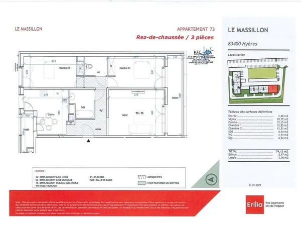 Appartement 3 pièces 74 m²