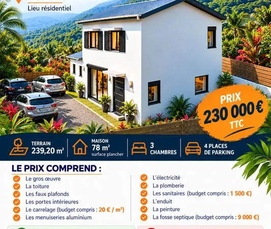 Terrain + maison neuve - 3 chambres - 78 m² - Plaine-des-Palmistes