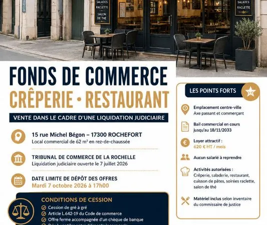 Crêperie, fonds de commerce, restaurant 62 m² ROCHEFORT
