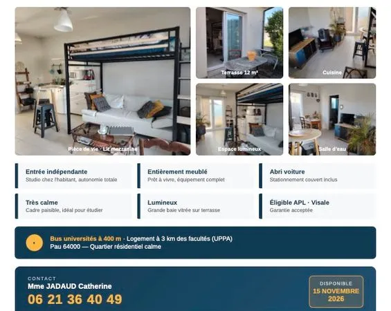 Studio meublé calme avec terrasse 12m²