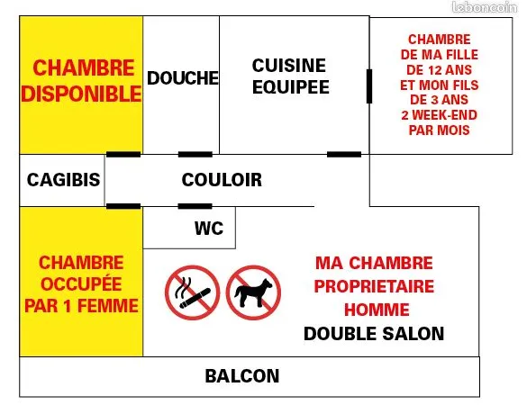 Colocation MIXTE : 1 chambre individuelle dans un appartement de 80 m²