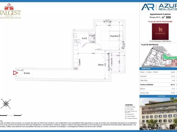 Nouveau projet Le Mondial, appartement deux pièces de 52,15 m2, au troisième étage, en position cent