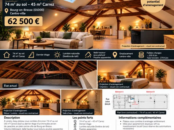 Plateau sous combles 74 m² au sol - Centre Bourg-en-Bresse - Fort potentiel