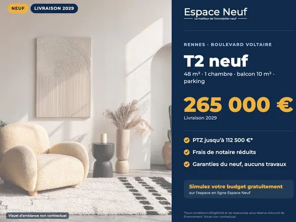 T2 neuf 42 m2 terrasse, vue dégagée Rennes Arsenal-Redon