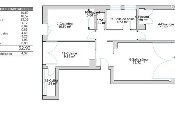 Appartement 3 pièces 63 m²