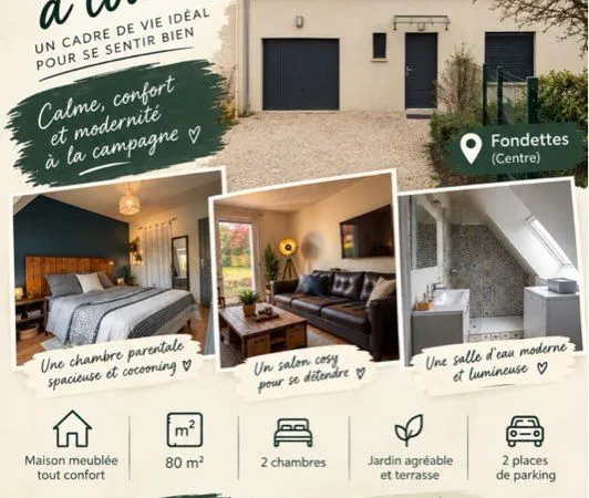 Maison meublée 80 m² avec jardin - 2 chambres - Fondettes