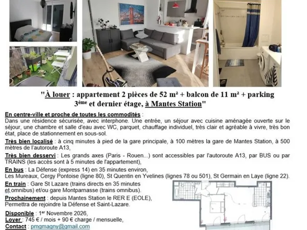 Appartement de 52 m² + balcon de 11 m² + parking