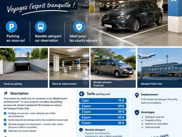Parking en sous-sol près d'Orly ✈️ Navette aéroport sur réservation