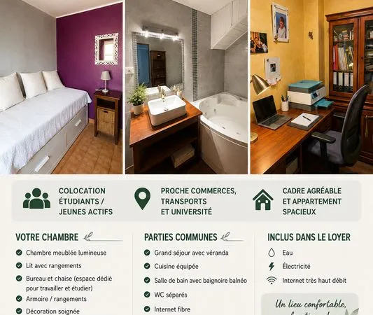 Chambre meublée en colocation