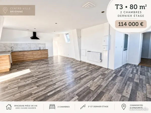Appartement T3 80 m² - 2 chambres - Dernier étage - Centre-ville Brionne