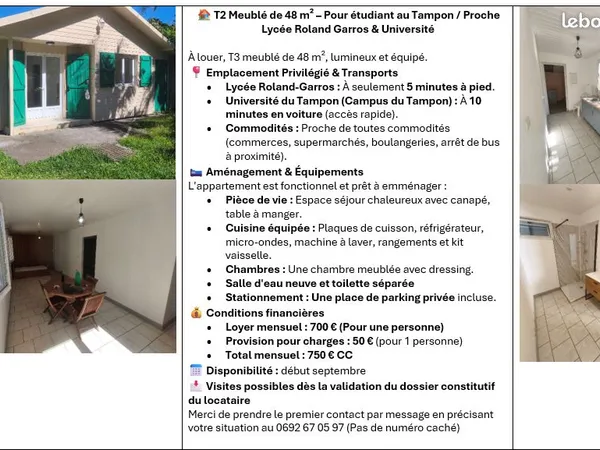 Meublé étudiant seul ou couple, ou 3, 6 et 9 mois