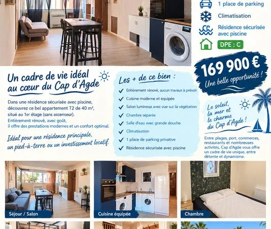 Vend T2 refait à neuf au Cap d'Agde